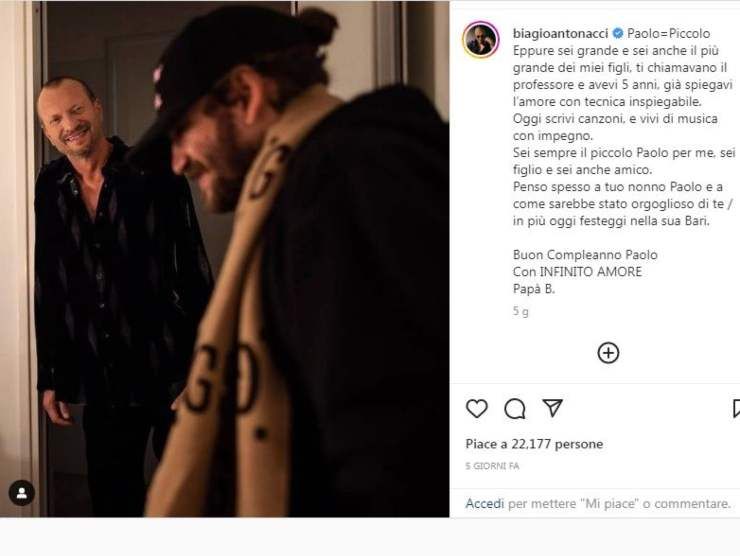 Il post di Biagio Antonacci dedicato al figlio Paolo (Instagram) 23.11.2022 teresaventrone